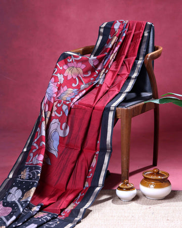 Elegant Semi Chanderi Saree with  Floral Motifs and A Plain Gold Woven Border - Red