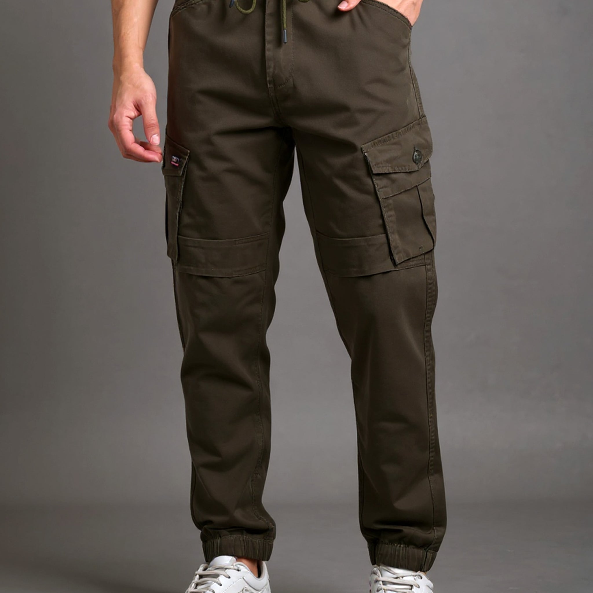 Men’s Tapered Fit Cargo Pant with Drawstring Waist and Multiple Utility Pockets  - Dark Brown