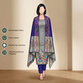 Grey Salwar Suit Material With Blue Bottom Fabric And Colorful Ikat Dupatta - Front View
