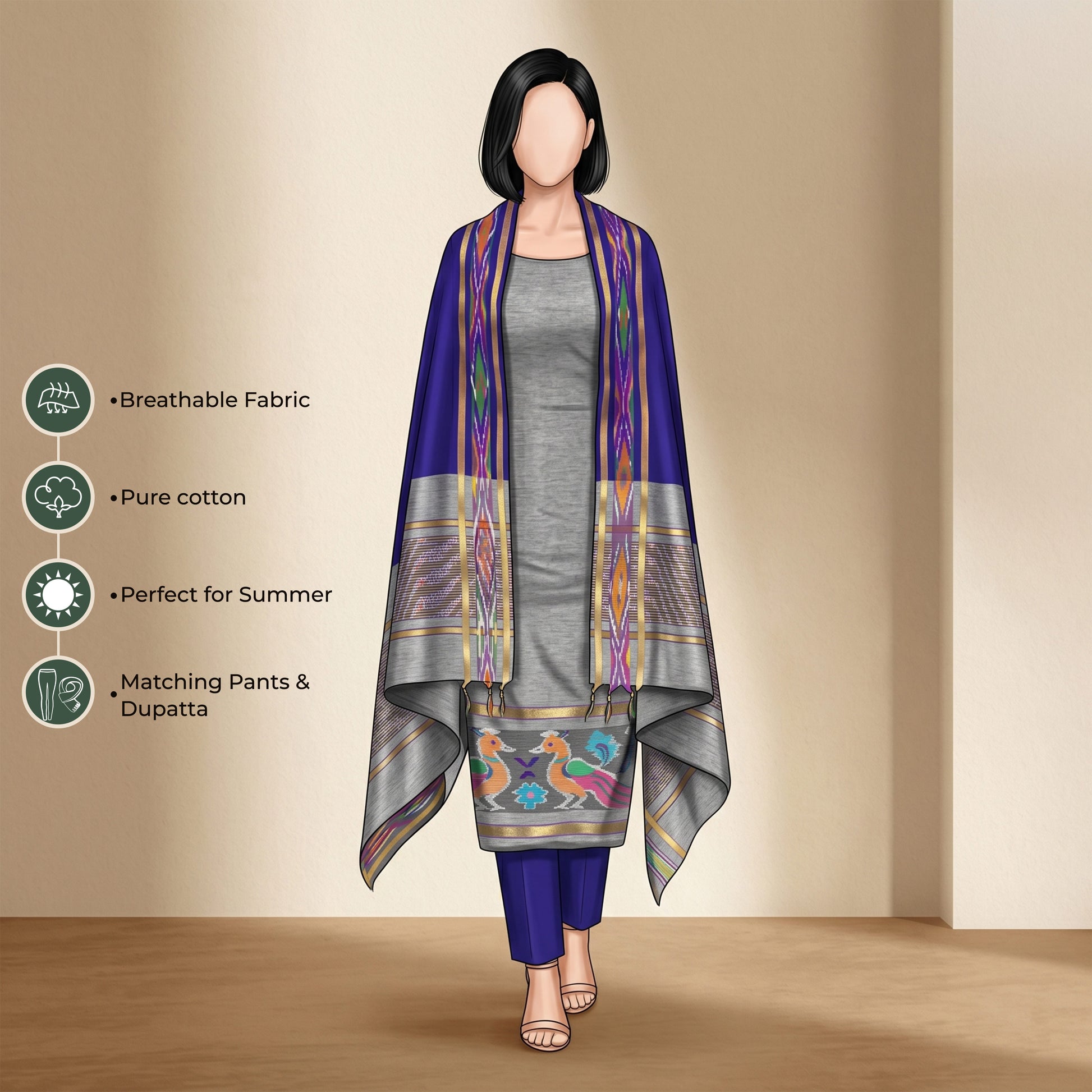 Grey Salwar Suit Material With Blue Bottom Fabric And Colorful Ikat Dupatta - Front View
