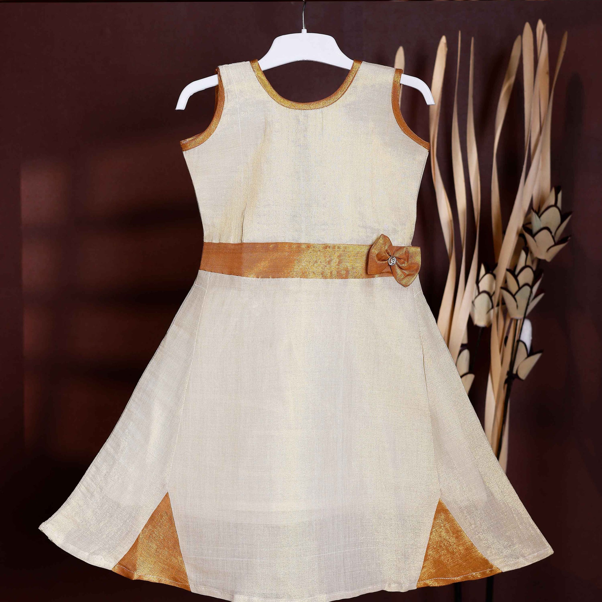 Kids' Sleeveless Frock with Embellished Bow Belt and Contrast - Cream