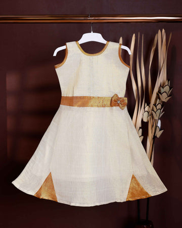 Kids' Sleeveless Frock with Embellished Bow Belt and Contrast - Cream