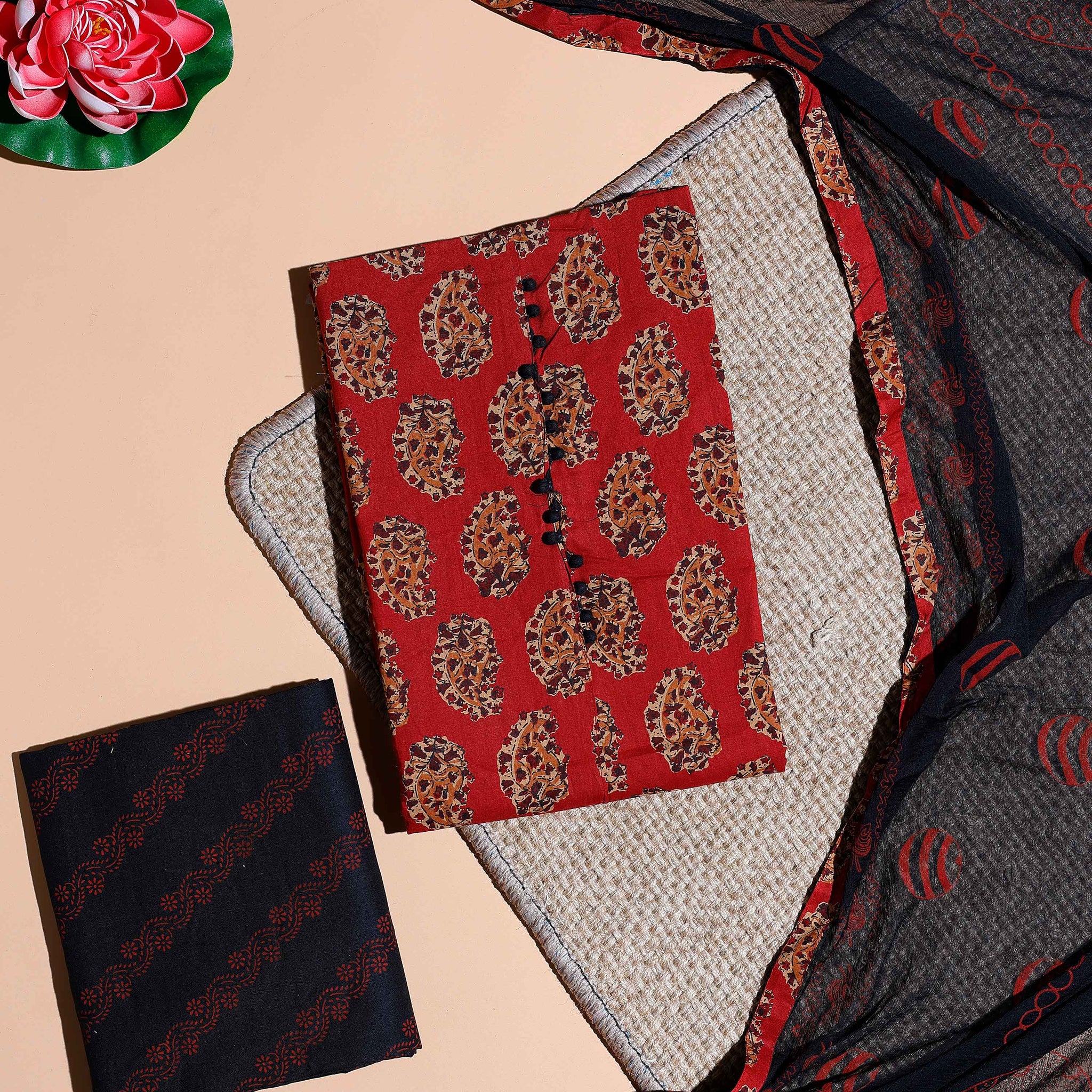 Women's Paisley Printed Cotton Salwar Material with Coordinated Bottom and Elegant Printed Dupatta - Red