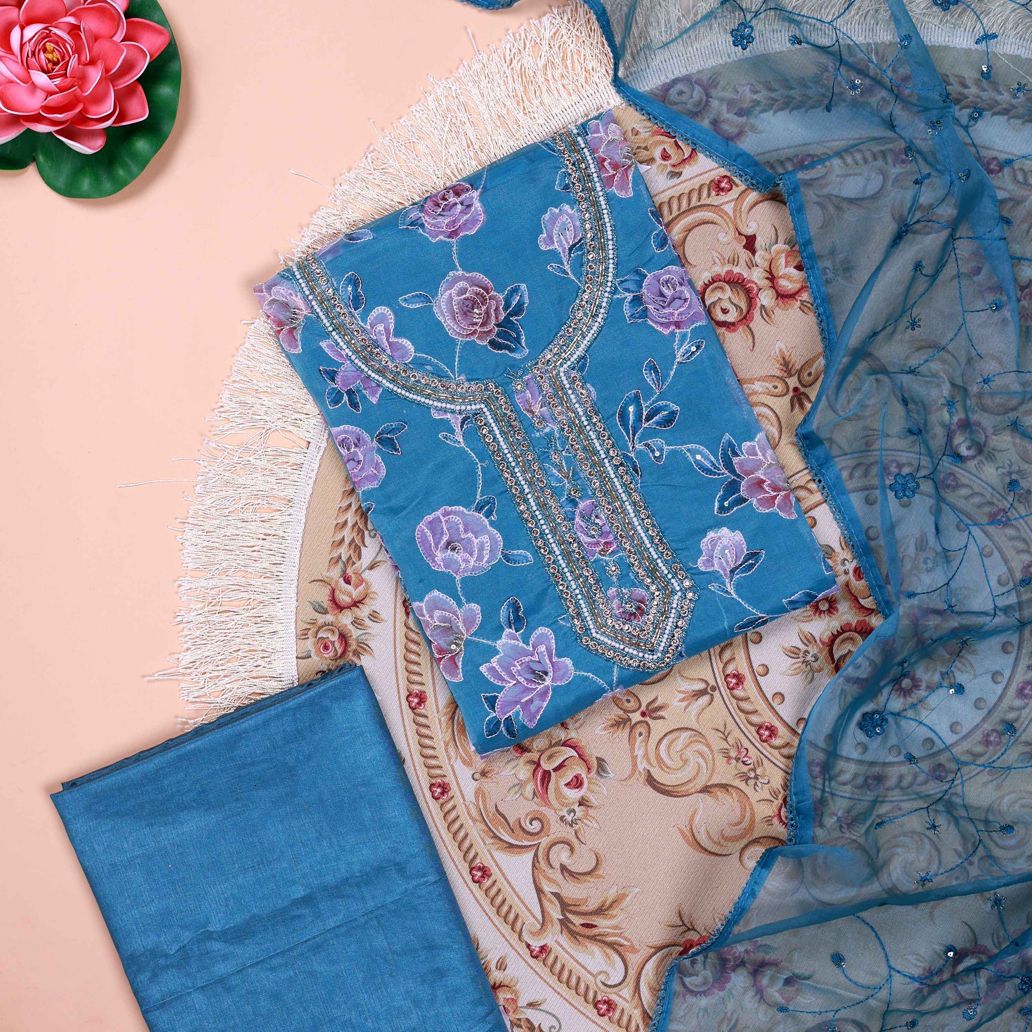 Women's Floral Embroidered Salwar Suit Material with Beaded Neckline and Net Dupatta - Blue