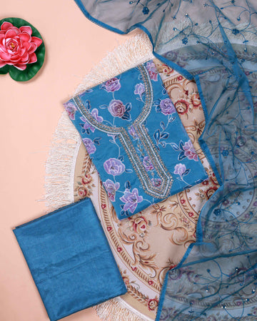Women's Floral Embroidered Salwar Suit Material with Beaded Neckline and Net Dupatta - Blue