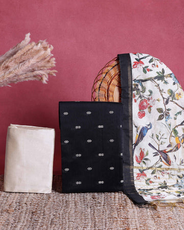 Women’s Unstitched Salwar Suit Material Set with Woven Butti Top 2.5 Mtr, Solid Pant 2 Mtr & Floral and Bird Printed Dupatta 2.25 Mtr - Black