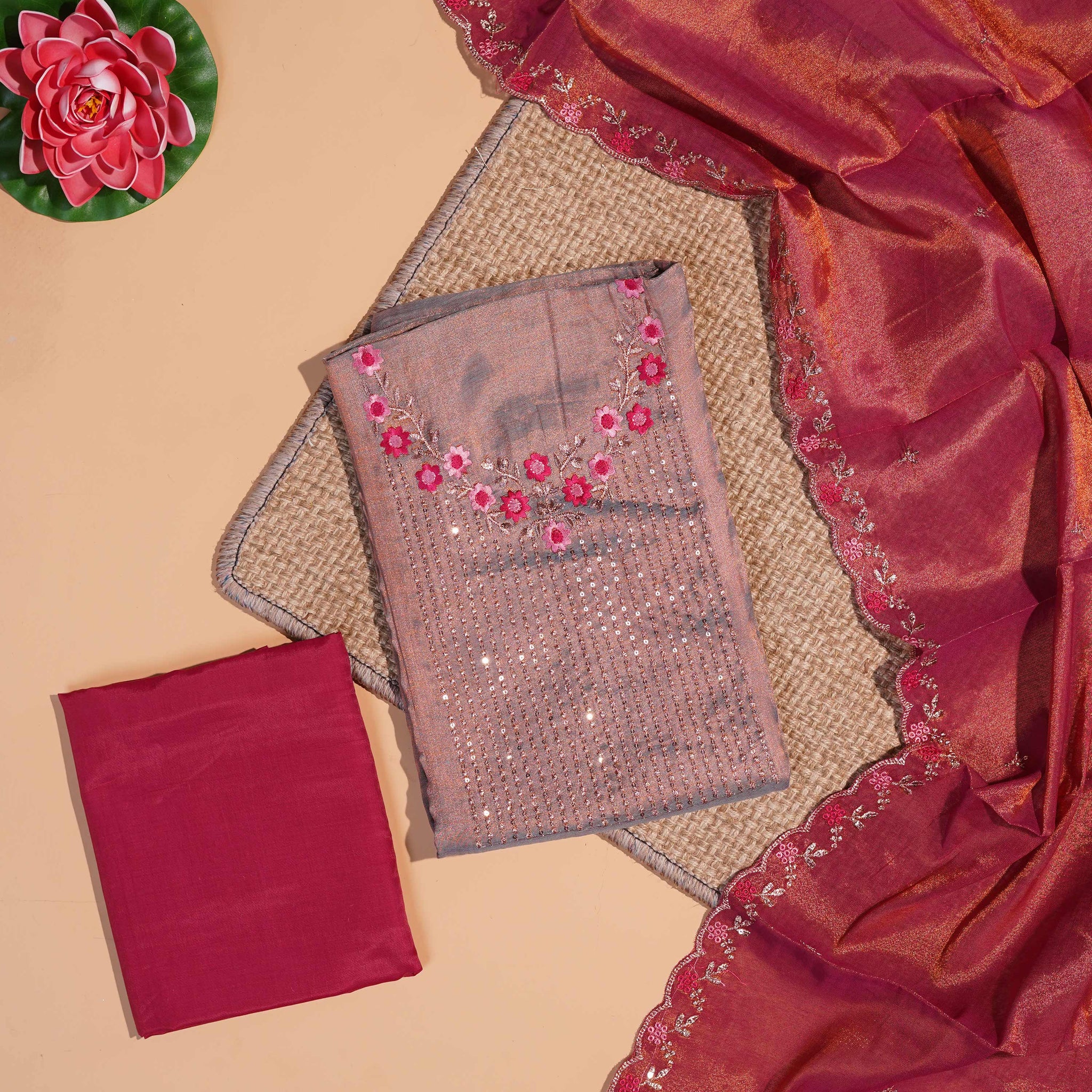 Elegant Unstitched Salwar Material with Floral Embroidery & Sequin Work - Copper