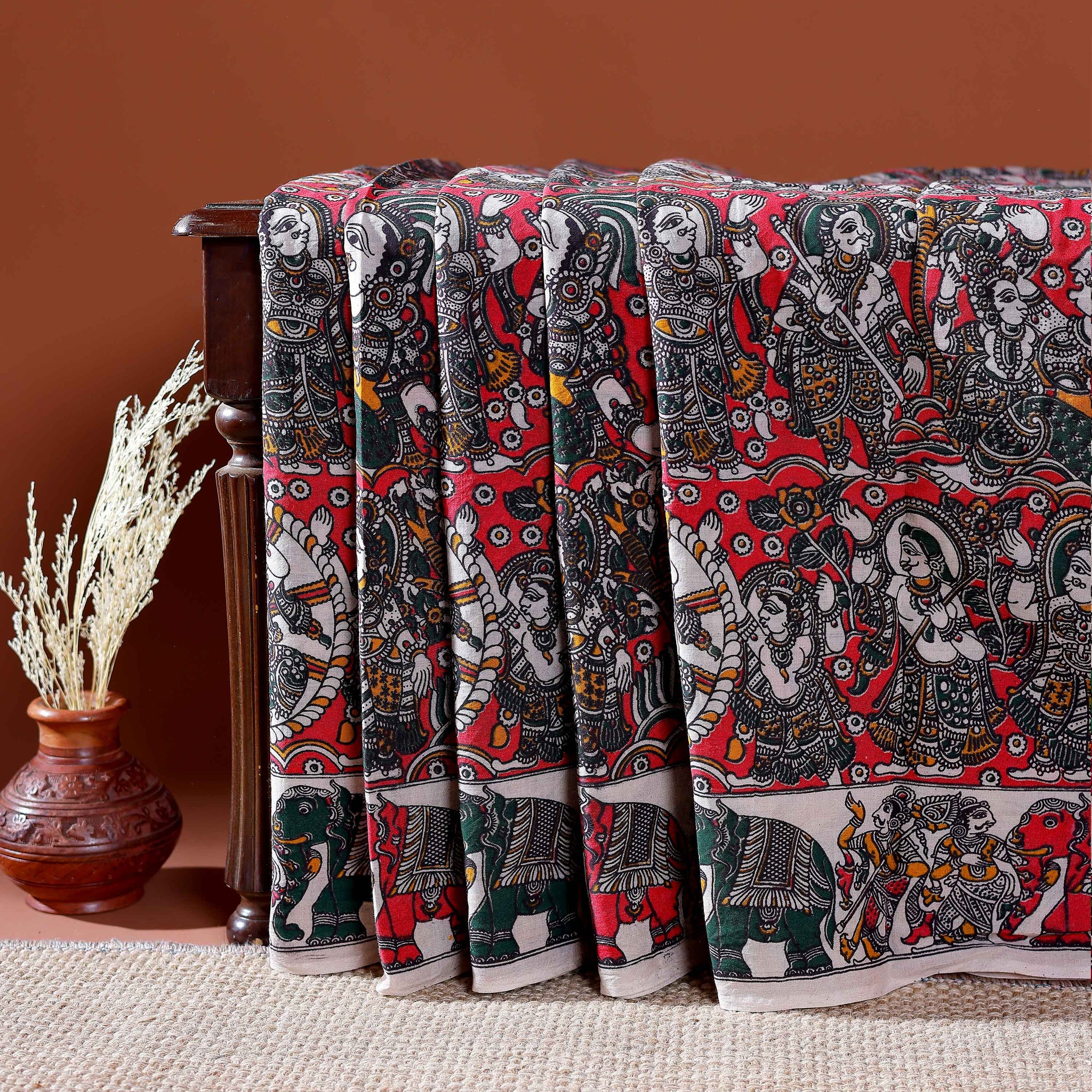 Traditional Handloom Kalamkari Cotton Saree with Intricate Floral and Avian Motifs - Red