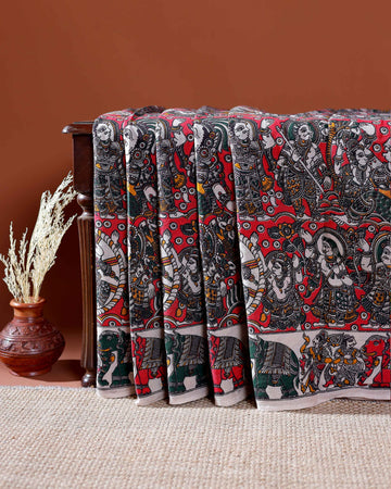Traditional Handloom Kalamkari Cotton Saree with Intricate Floral and Avian Motifs - Red