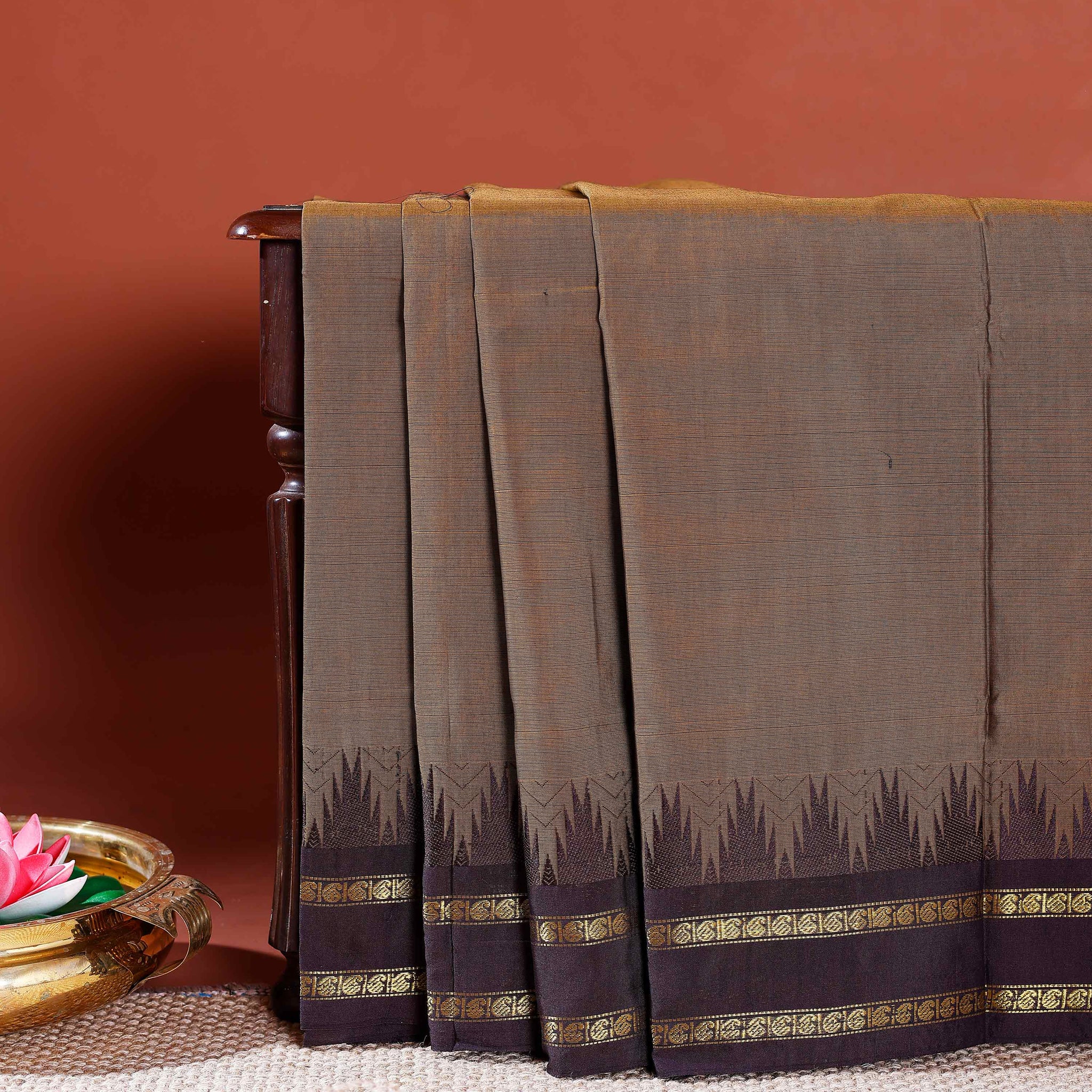Chettinad Handloom Cotton Saree with Traditional Temple Border and Striped Body - Green