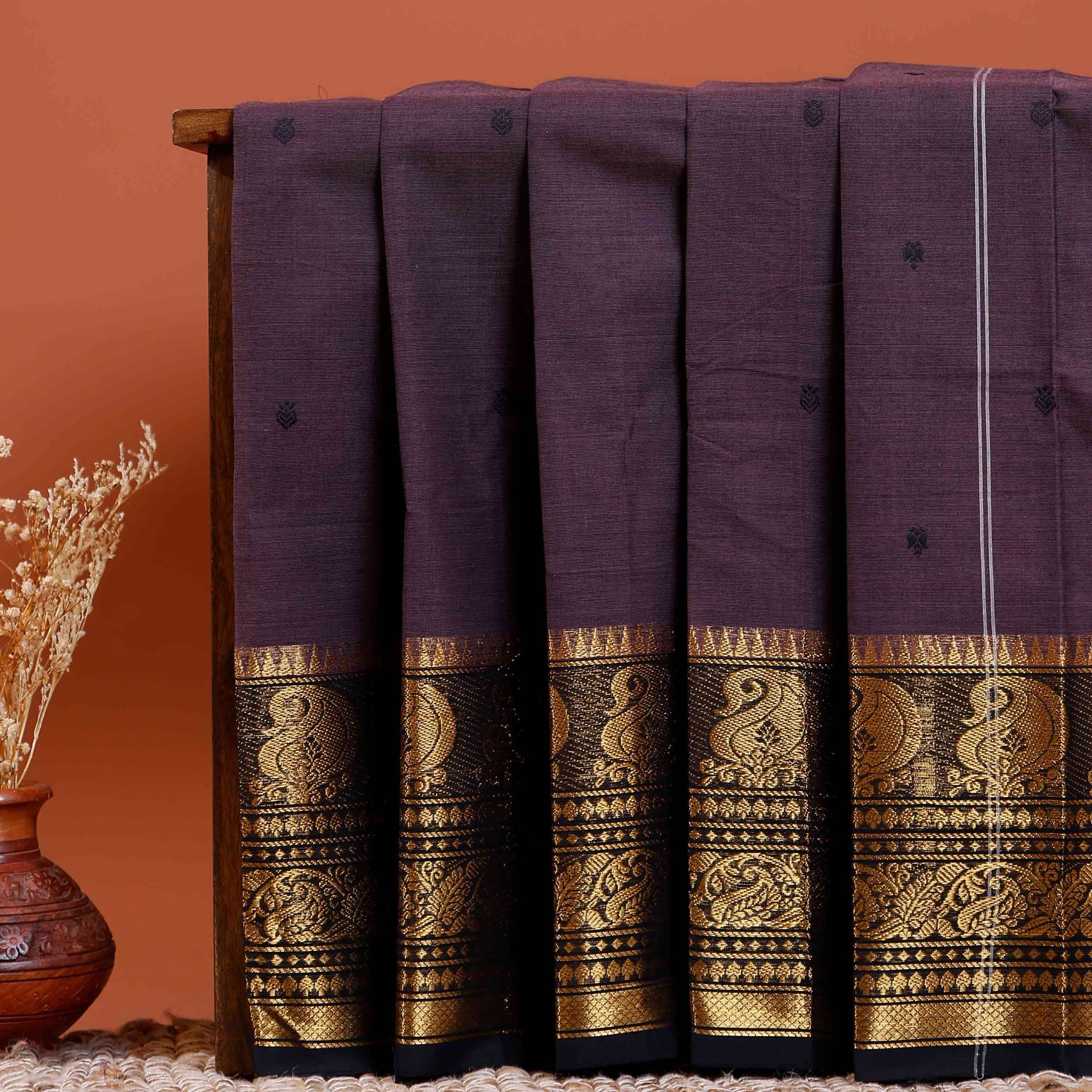 Handloom Chettinad Cotton Saree with Butta Weaves, Zari Peacock Motif Border and Contrast Pallu - Dark Purple