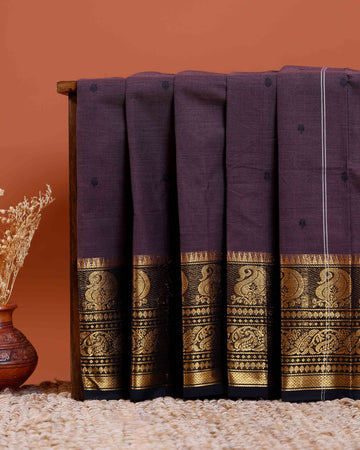Handloom Chettinad Cotton Saree with Butta Weaves, Zari Peacock Motif Border and Contrast Pallu - Dark Purple