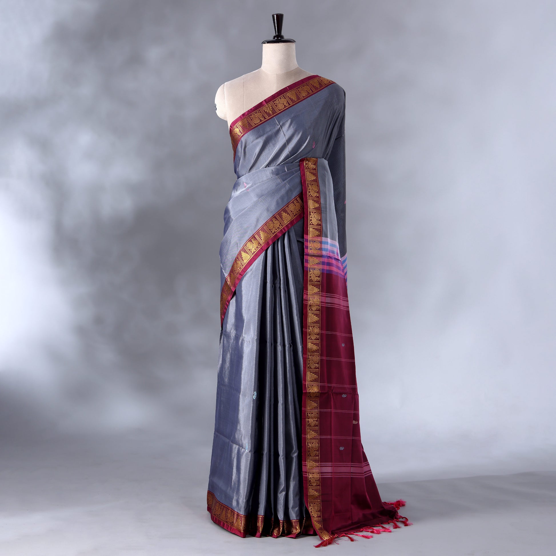 Grey Banana Pith Saree with Minimal Butta Motifs & Traditional Zari Woven Border -Full View