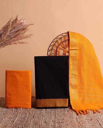 Women's Ethnic Cotton Handloom Unstitched Salwar Suit Set Top 2.5m, Pant 2m, Dupatta 2.25m with Zari Border - Black