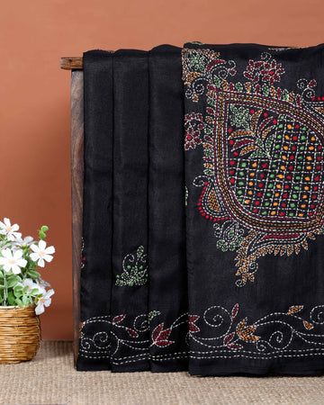 Elegant Hand Embroidered Kantha Work Tussar Saree with Intricate Floral and Paisley Motifs - Black