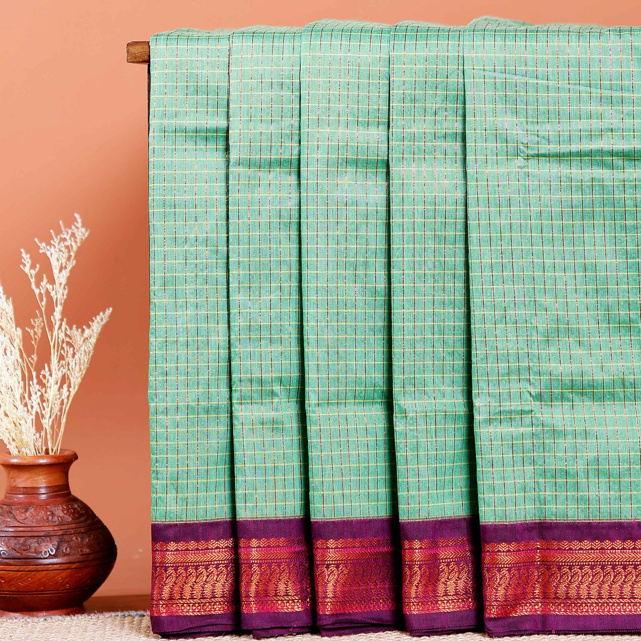 Traditional Kalyani Cotton Saree with All-Over Checks and Ornate Zari Pallu and Border - Green
