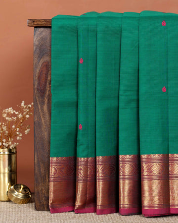 Elegant Handloom Chettinad Cotton Saree with Traditional Zari Woven Border and Subtle Motifs - Green