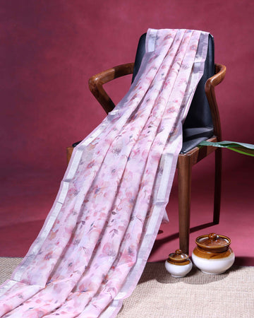 Elegant Linen Blend Saree with All Over Floral Print and Subtle Woven Traditional Border - Light Pink