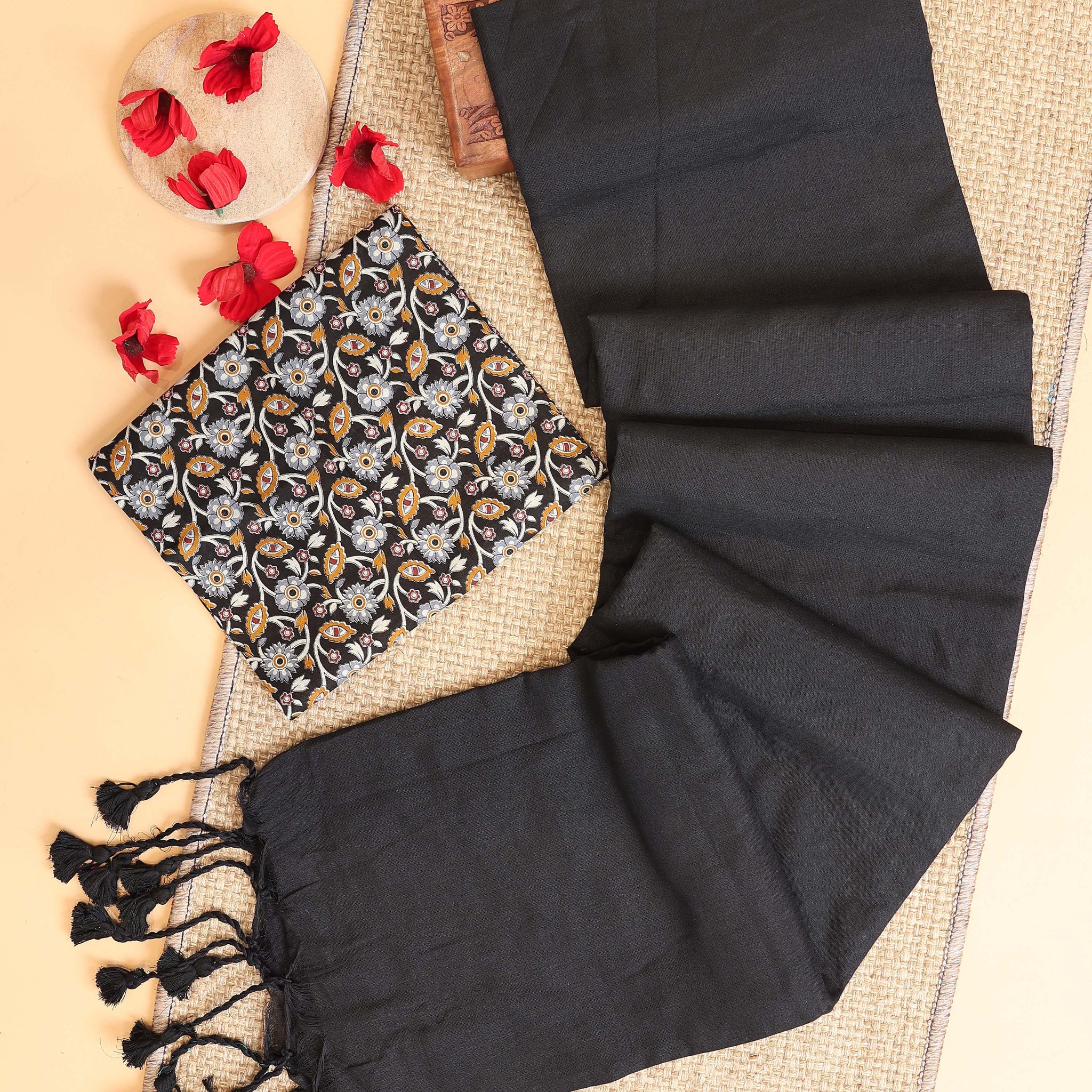 Handwoven Khadi Cotton Saree with Contrast Printed Blouse and Tassel Accents - Dark Grey