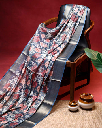 Elegant Linen Tissue Saree With Floral Print and Minimal Woven Zari Border - Blue