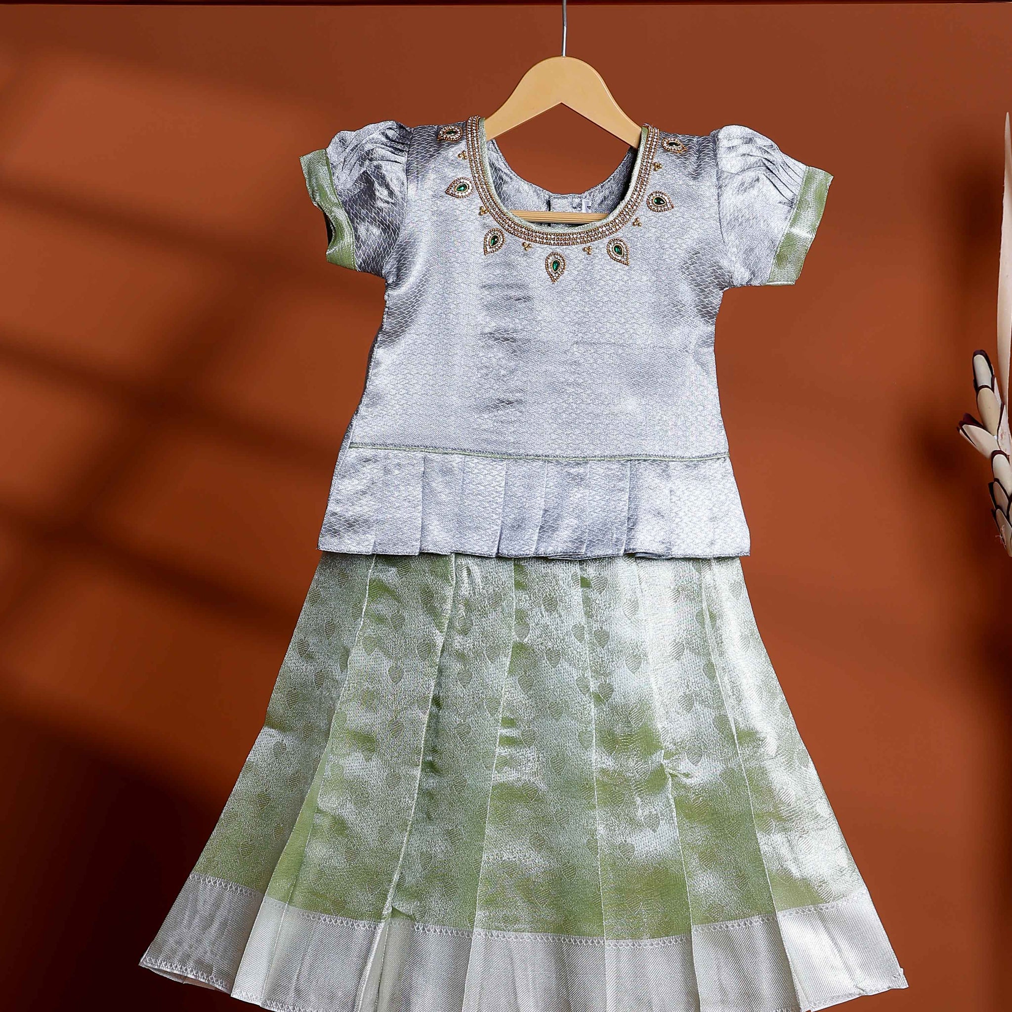 Traditional Kids Readymade Pattu Pavadai Set with Embellished Neck Blouse and Pleated Silk Skirt - Grey