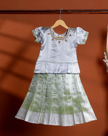 Traditional Kids Readymade Pattu Pavadai Set with Embellished Neck Blouse and Pleated Silk Skirt - Grey