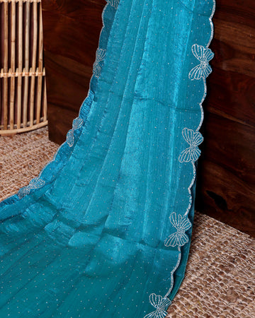 Elegant Embellished Fancy Saree with Delicate Butterfly Patterned Lace Border - Light Blue