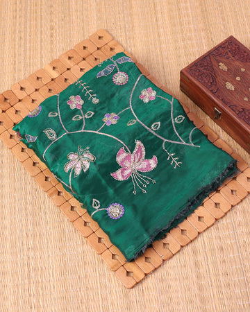 Elegant Women’s Blouse Material with Intricate Floral Vine Embroidery Sequin Work - Dark Green