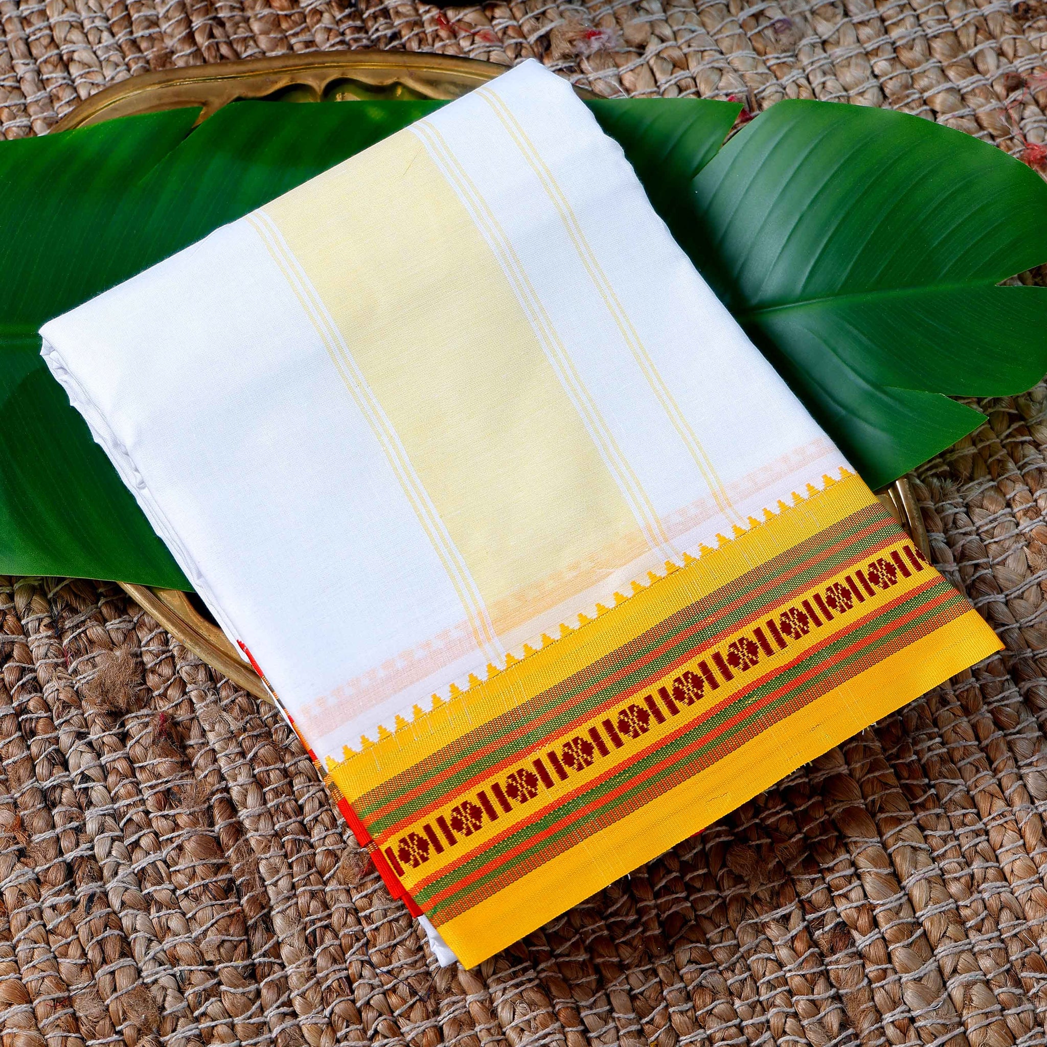 Men’s Cotton Dhoti with Multi Colour Border - White