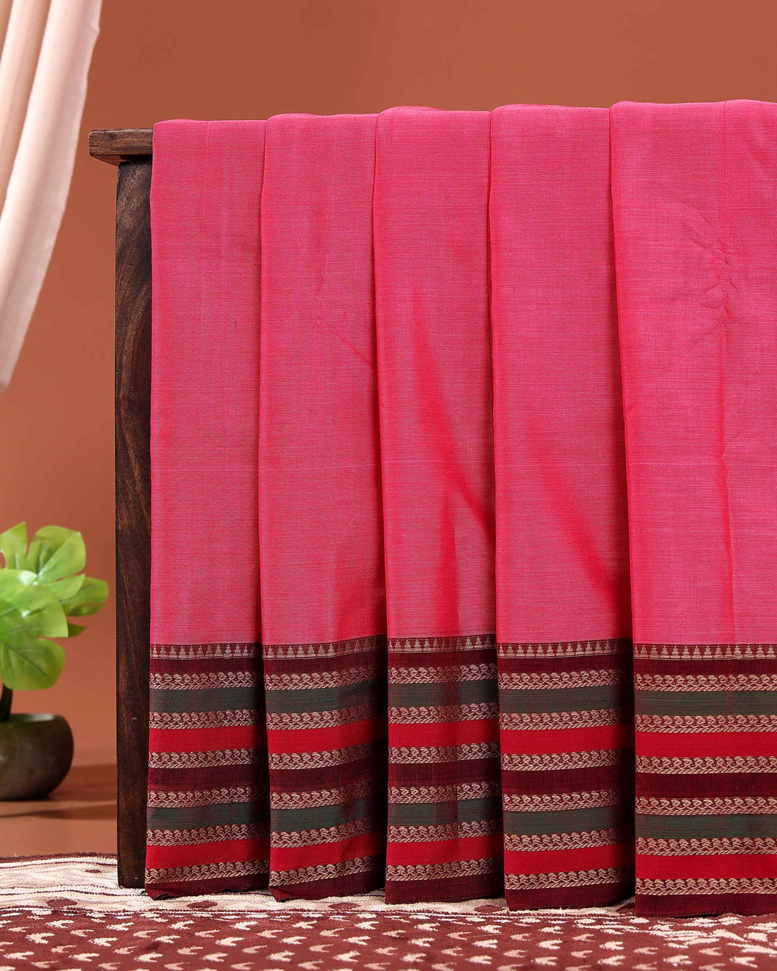 Traditional Narayanpet Cotton Saree Classic Temple Border and Striped Pallu - Pink