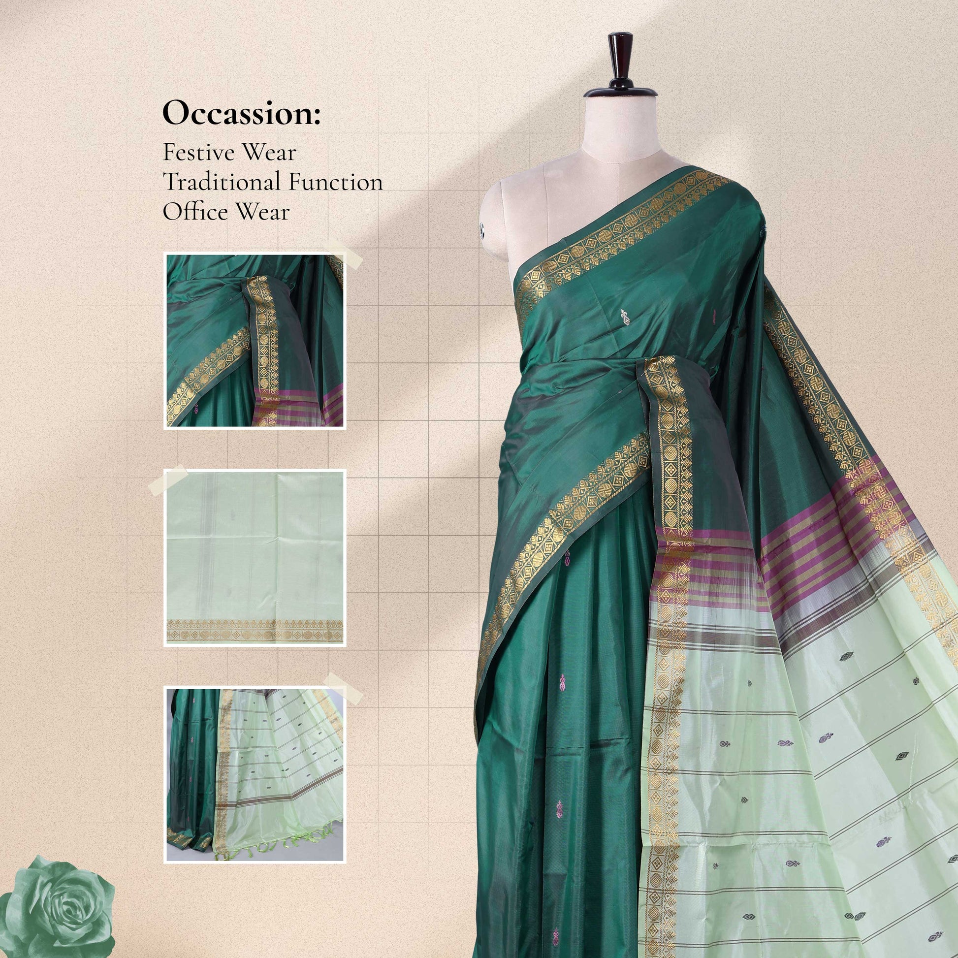 Banana Pith Saree in Dark Green with Light Green Pallu and Intricate Gold Zari Border