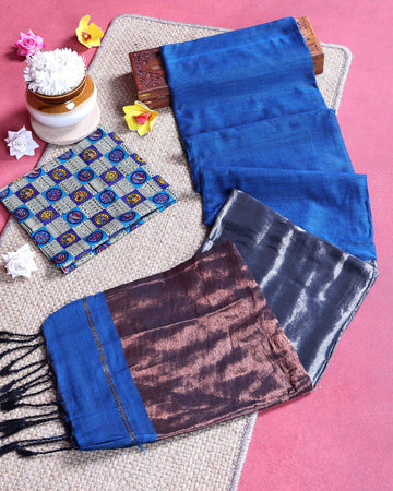 Traditional Khadi Cotton Saree with Woven Border and Contrast Printed Blouse Piece - Blue