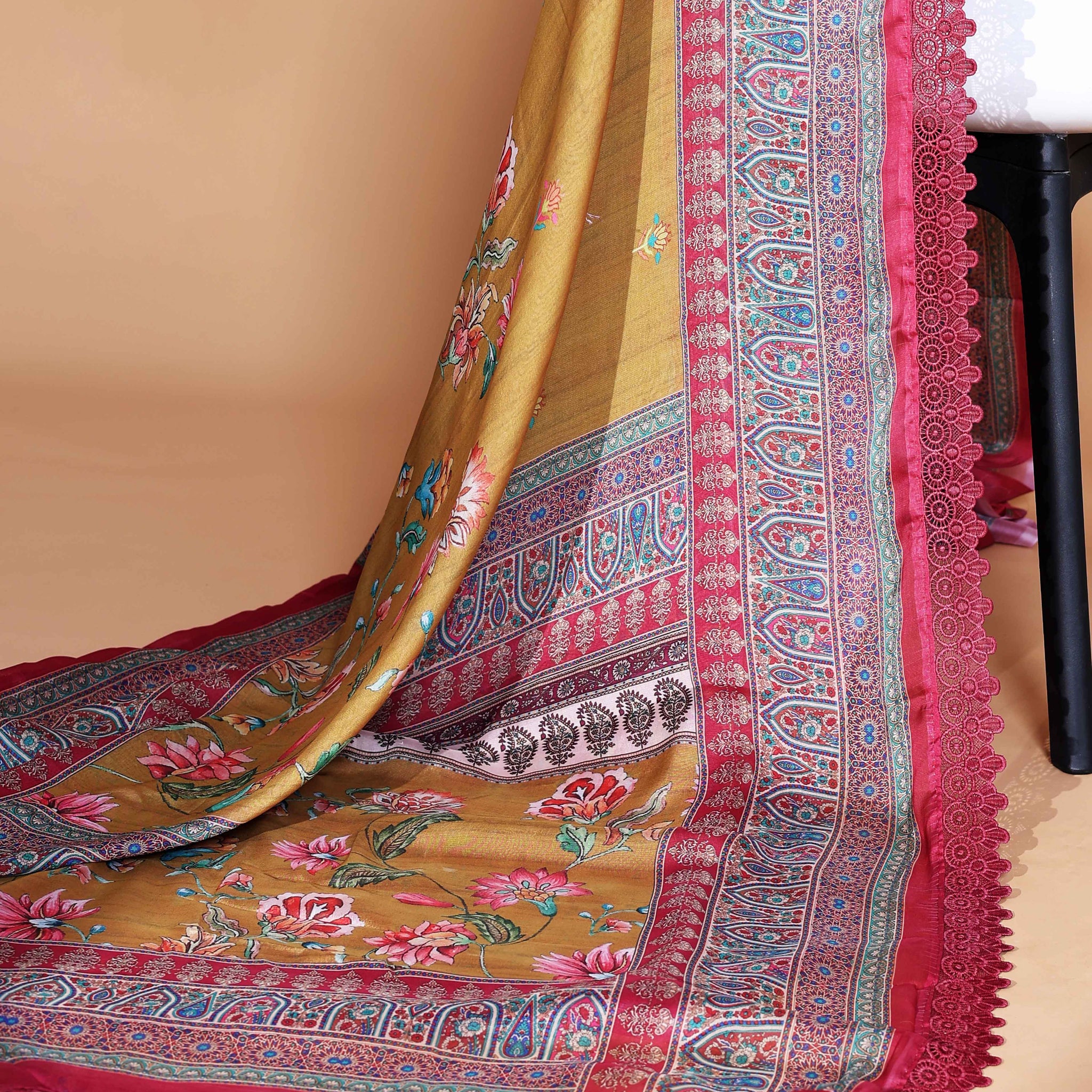 Elegant Mustard Yellow Georgette Saree with Multicolour Floral Print