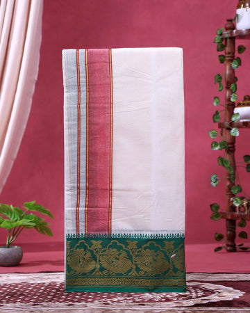 Men’s Traditional Handloom 10*6 Meter Cotton Dhoti with Multi Border - Off White