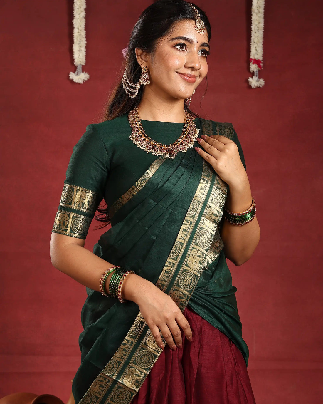 Women’s Semi Stitched Traditional Dhavani Set with Zari Woven Border and Ethnic Designer Blouse - Dark Green & Maroon