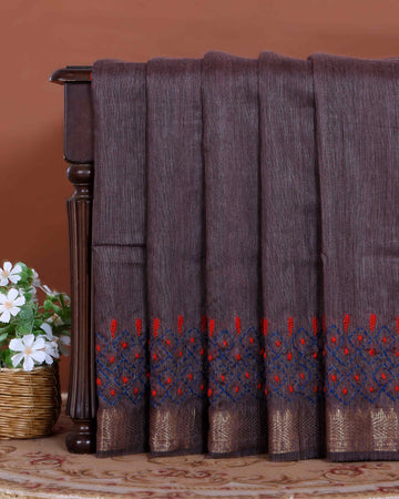 Elegant Kantha Hand Embroidered Saree with Intricate Floral Motif and Contrast Border - Dusty Purple