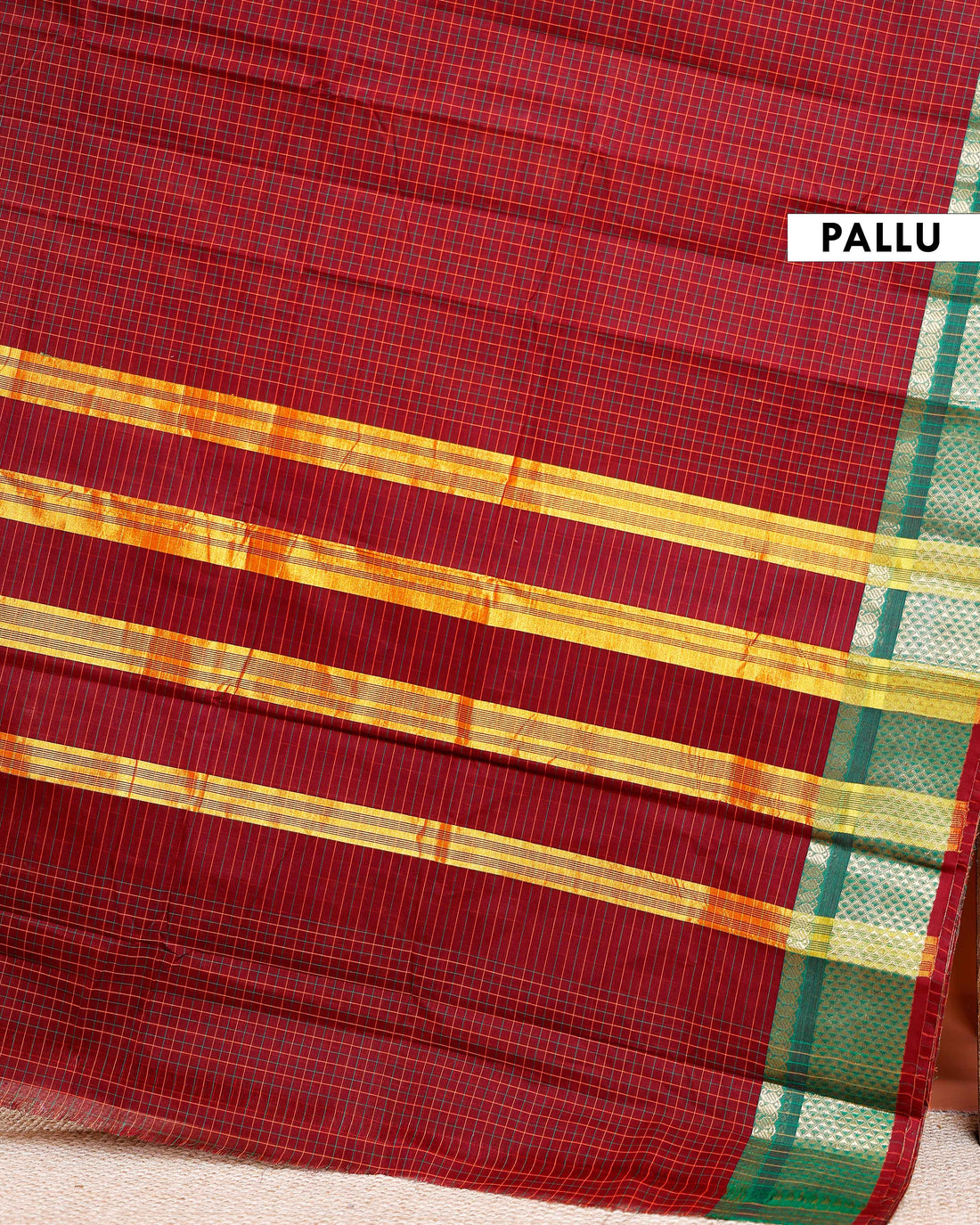 Handloom Chettinad Cotton Saree with Checked and Zari Border - Maroon