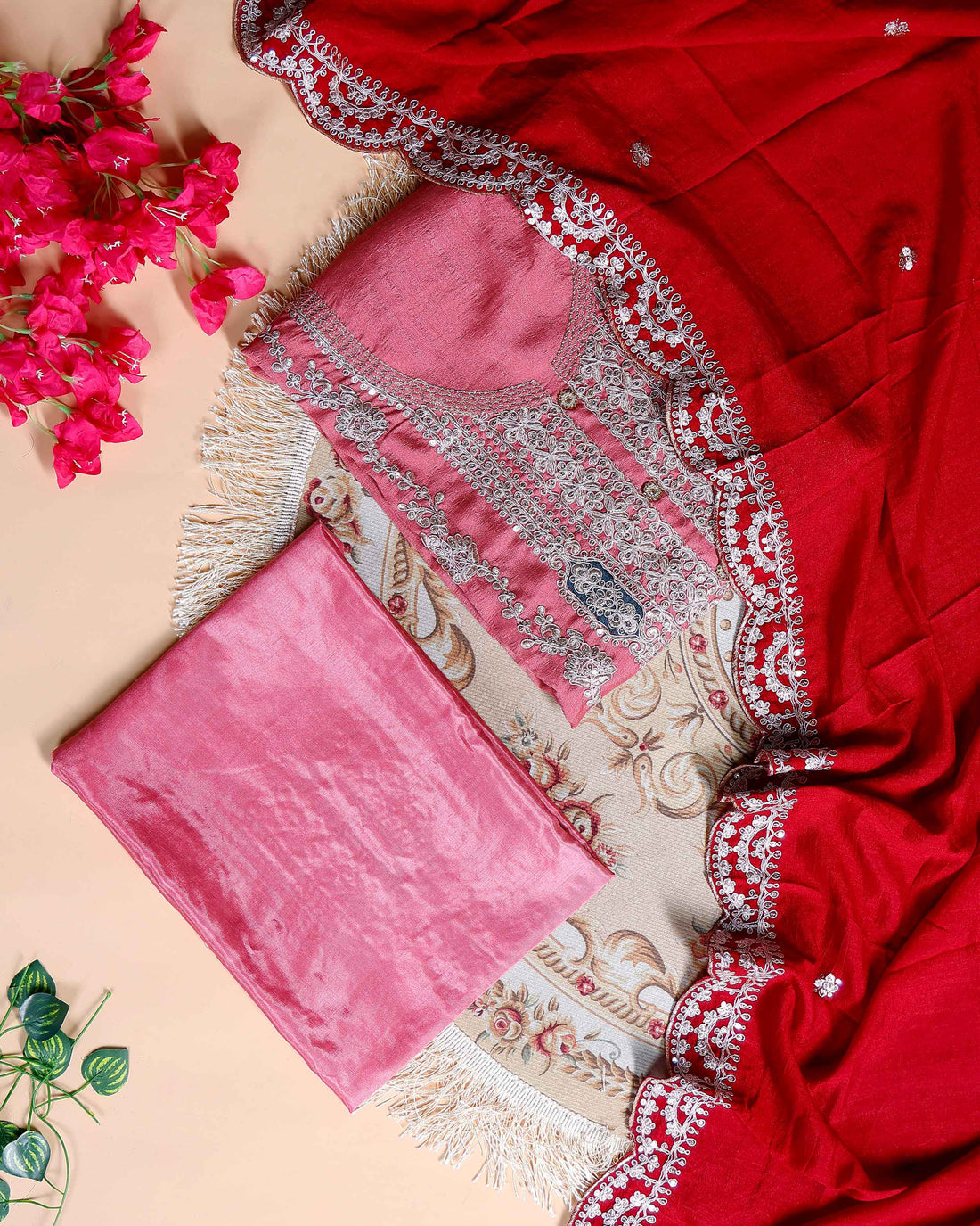 Women's Embroidered Unstitched Salwar Suit Material with Sequins and Scalloped Dupatta Border- Pink