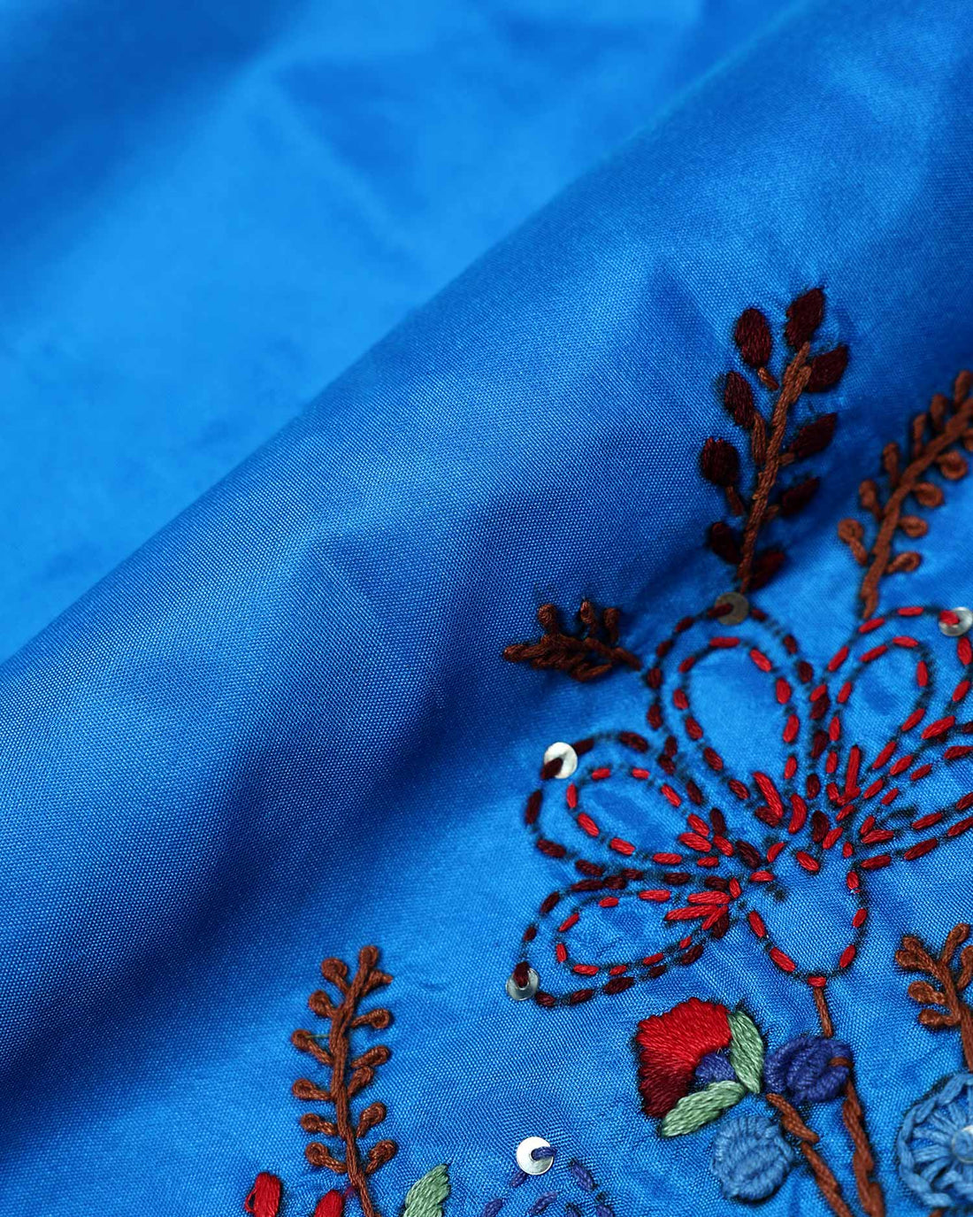 Elegant Hand Embroidered Floral Women’s Blouse Material with Intricate Thread Work Border - Blue