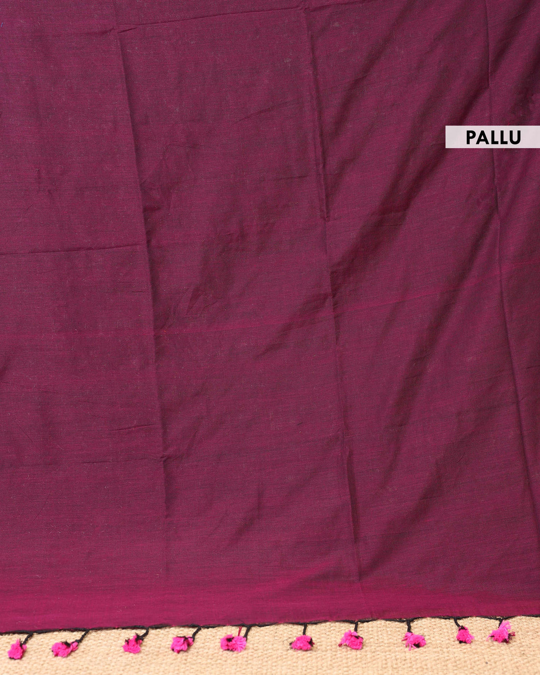 Handwoven Khadi Cotton Saree with Contrast Printed Blouse and Tassel Accents - Maroon
