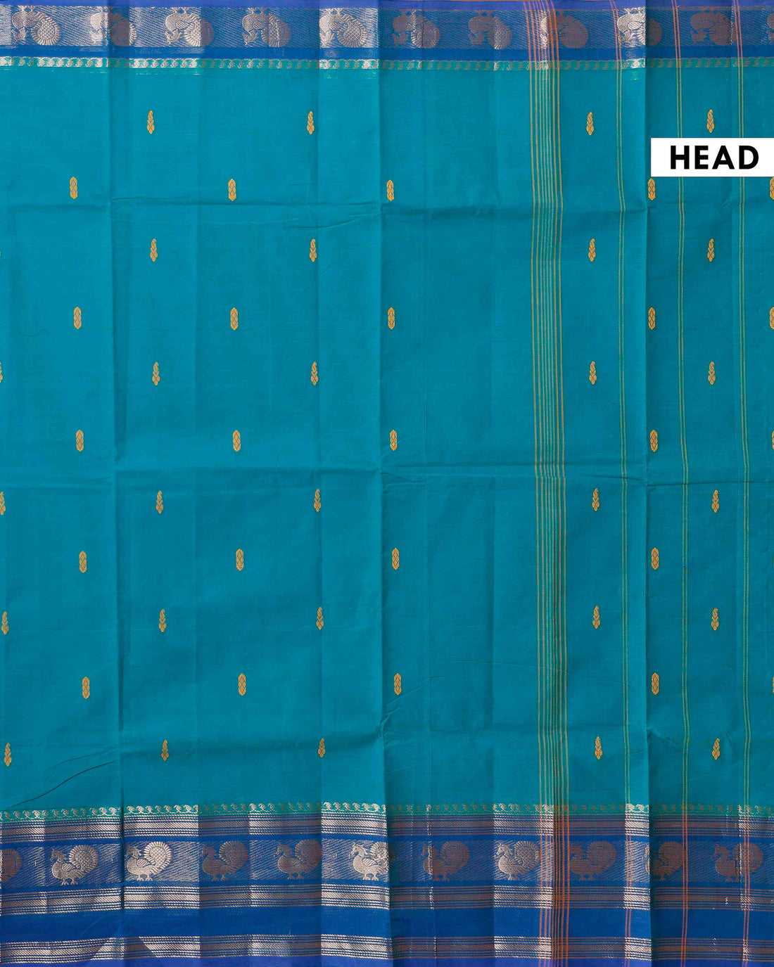 Handloom Chettinad Cotton Saree with Butta Weaves, Zari Peacock Motif Border and Contrast Pallu - Teal