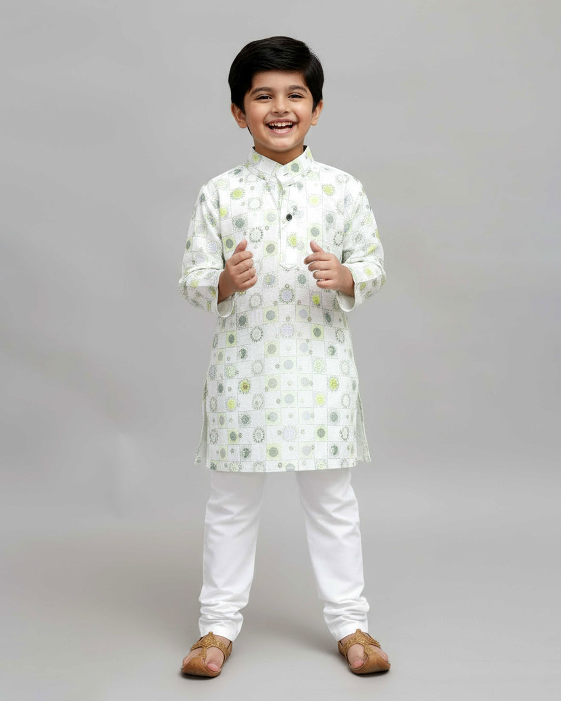 Boys White kurta with green floral and geometric prints, paired with white Pant