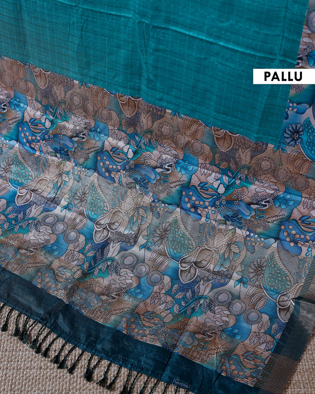 Elegant Semi Cotton Saree with Subtle Checkered Weave and Artistic Floral Patterned Border - Blue