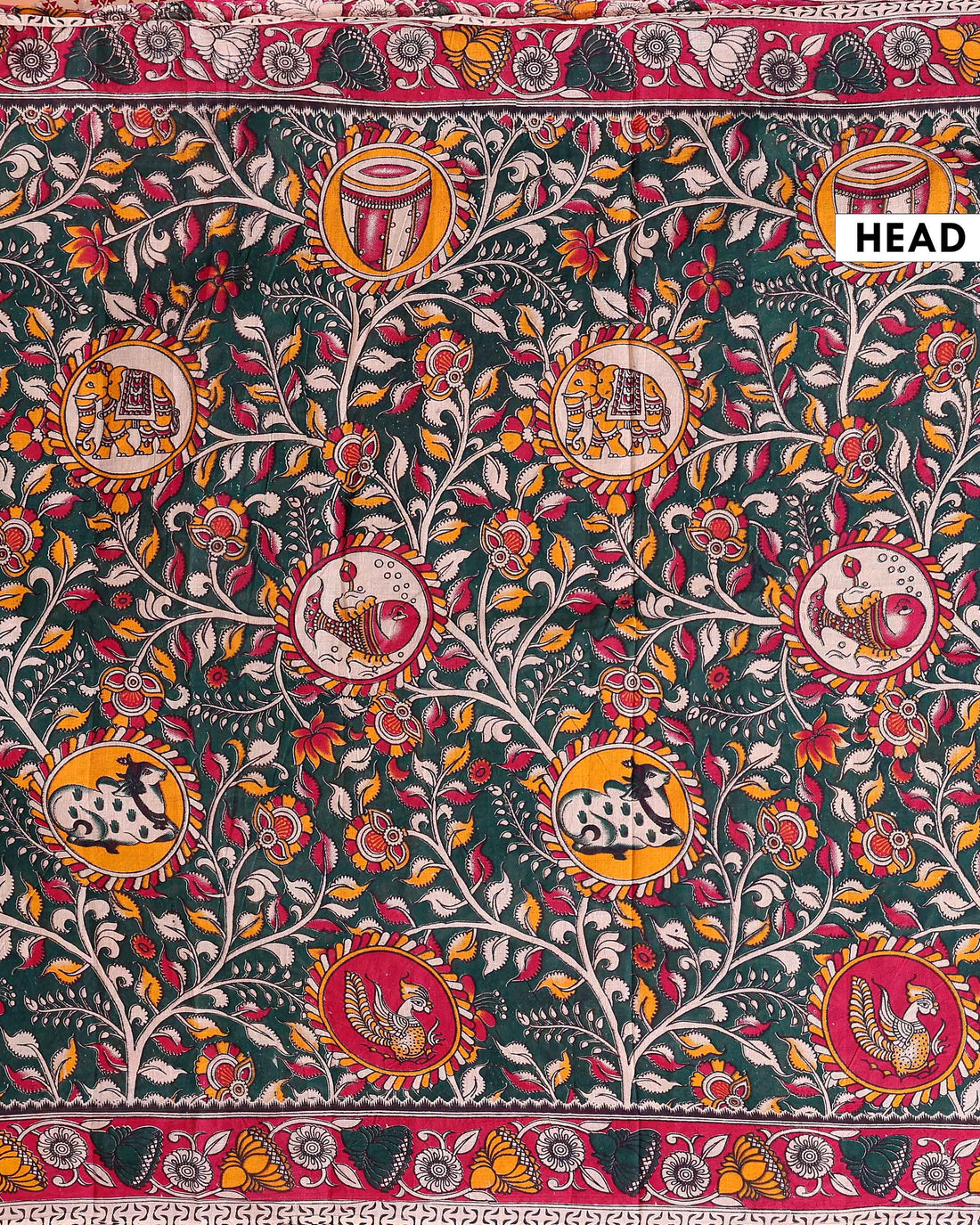 Traditional Kalamkari Printed Cotton Saree with Stylized Leaf Detailing - Dark Green