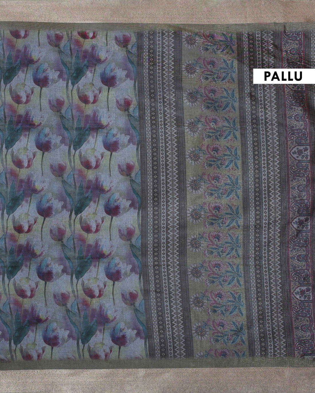 Grey Art Silk Saree with Intricate Floral and Geometric Weave Pattern