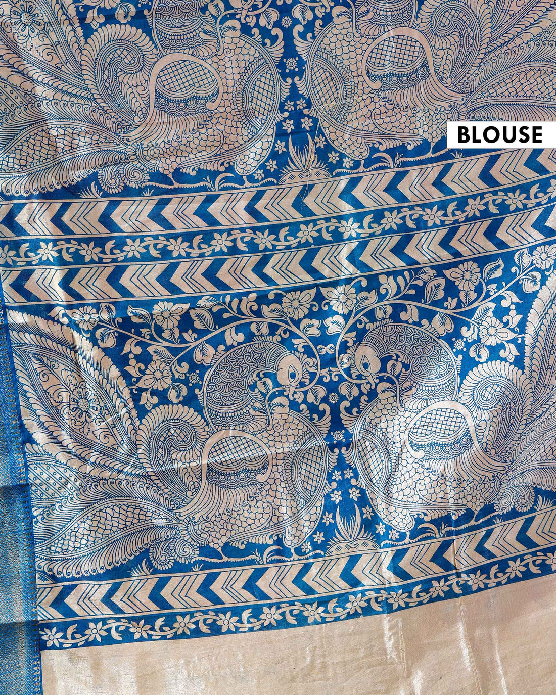 Traditional Mangalagiri Kalamkari Cotton Saree with Intricate Floral and Avian Motifs - Blue