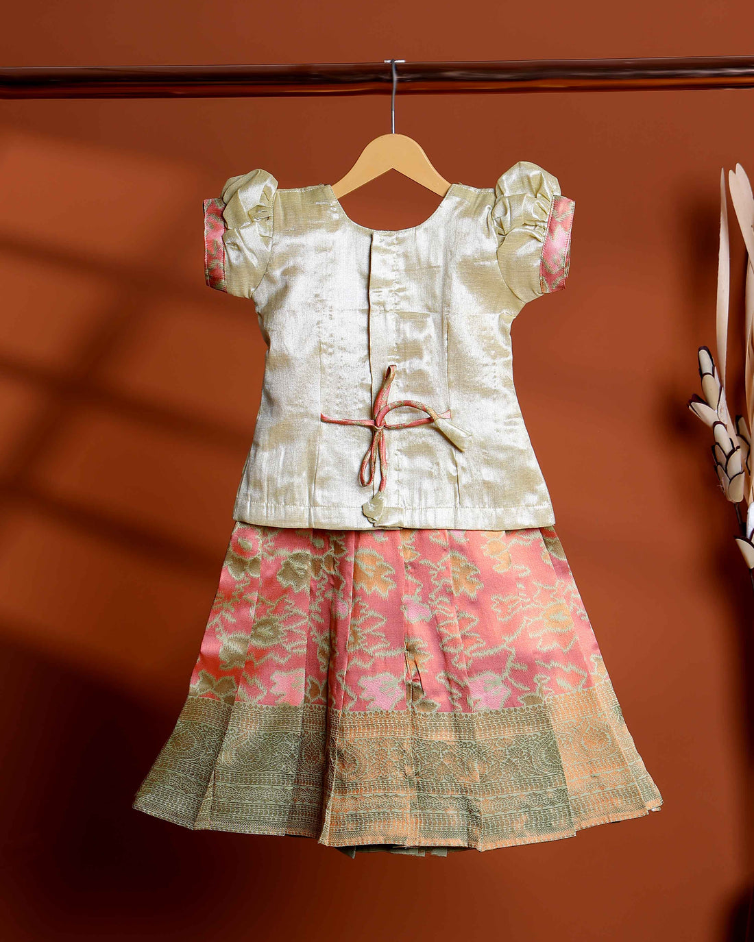 Kids Traditional Readymade Pattu Pavadai Set with Puff Sleeve Blouse and Brocade Floral Silk Skirt - Green