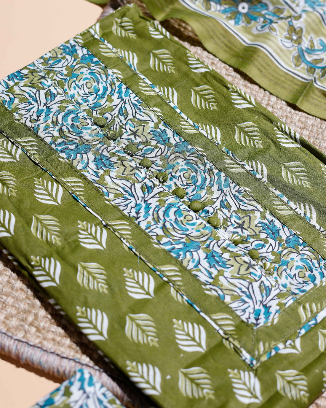 Women's Hand Block Print Cotton Salwar Material with Floral and Leaf Motifs & Complementary Dupatta - Green