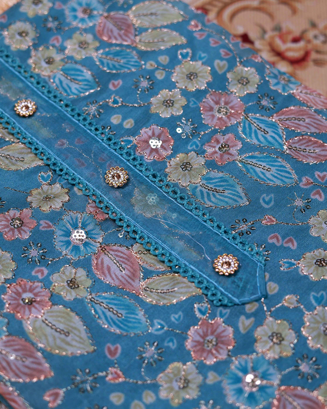 Women's Elegant Floral Embroidered Churidar Set with Sheer Dupatta - Blue
