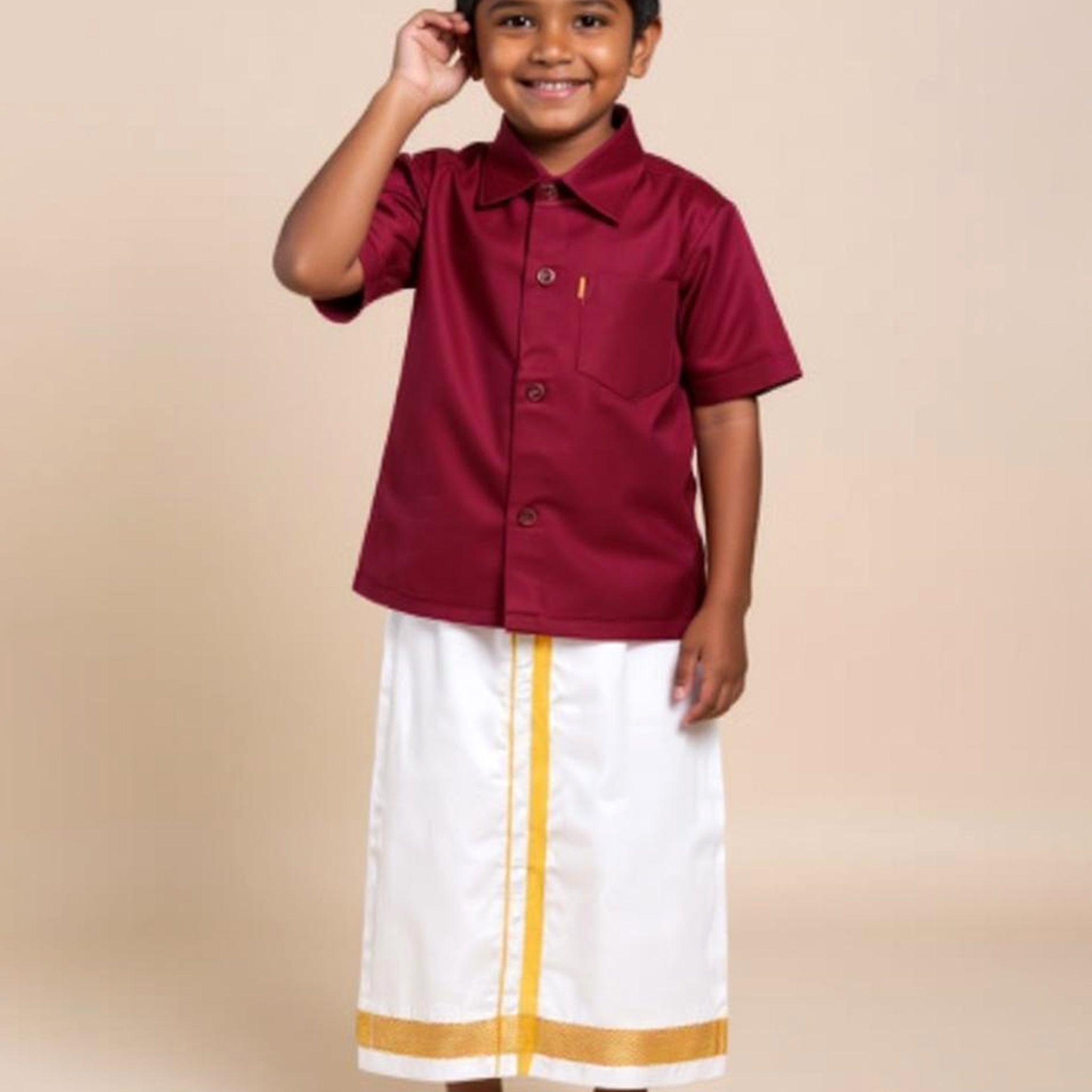 Traditional Kids Shirt and Dhoti Set - Maroon